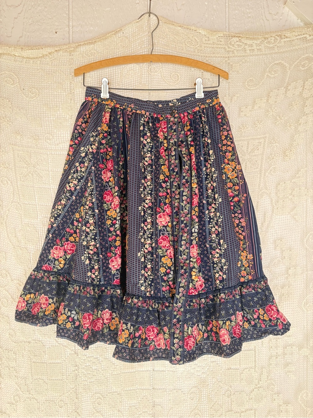 Vintage Handmade Floral Navy Blue Tiered Cotton Skirt - Women 13 “ waist